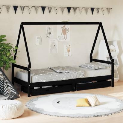 Cadru de pat copii cu sertare, negru, 90x190 cm, lemn masiv pin GartenMobel Dekor