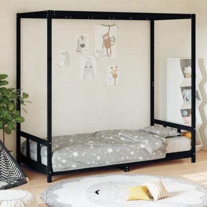 Cadru pat pentru copii, negru, 90x200 cm, lemn masiv de pin GartenMobel Dekor