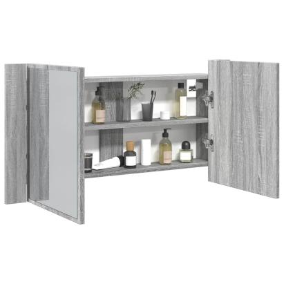 Dulap de baie cu oglindă și LED gri sonoma, 90x12x45 cm, acril GartenMobel Dekor