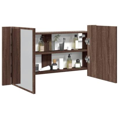 Dulap de baie cu oglindă și LED stejar maro, 90x12x45 cm, acril GartenMobel Dekor