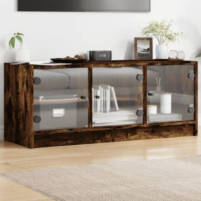 Comodă TV cu uși din sticlă, stejar fumuriu, 102x37x42 cm GartenMobel Dekor