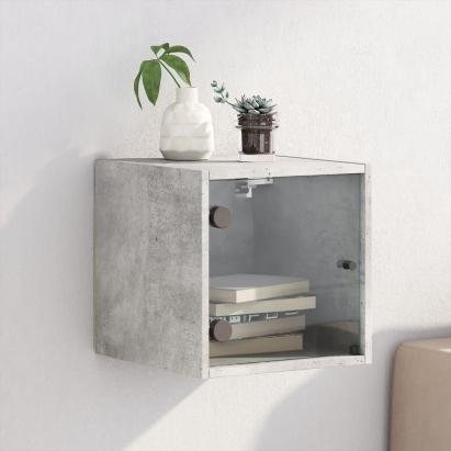 Noptieră cu ușă din sticlă, gri beton, 35x37x35 cm GartenMobel Dekor