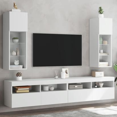 Comode TV cu lumini LED, 2 buc., alb, 30,5x30x90 cm GartenMobel Dekor