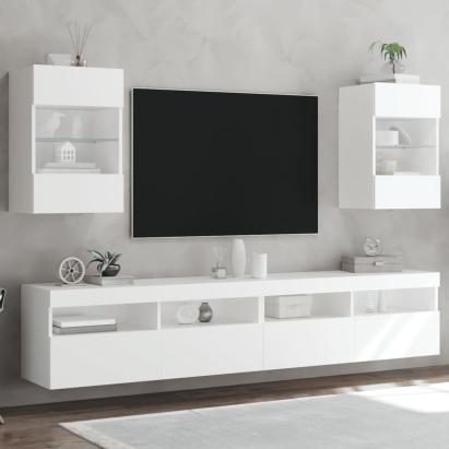 Comode TV de perete cu lumini LED, 2 buc., alb, 40x30x60,5 cm GartenMobel Dekor