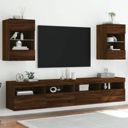 Comodă TV de perete cu LED, 2 buc. stejar maro, 40x30x60,5cm GartenMobel Dekor