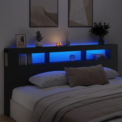 Tăblie de pat cu LED, negru, 220x18,5x103,5 cm, lemn GartenMobel Dekor