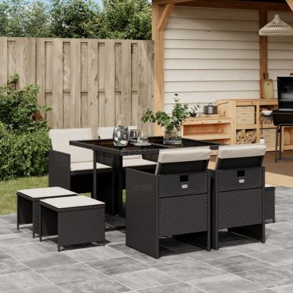 Set mobilier de grădină cu perne, 9 piese, negru, poliratan GartenMobel Dekor