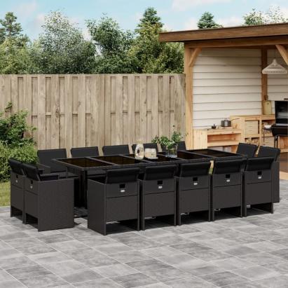 Set mobilier de grădină cu perne, 15 piese, negru, poliratan GartenMobel Dekor