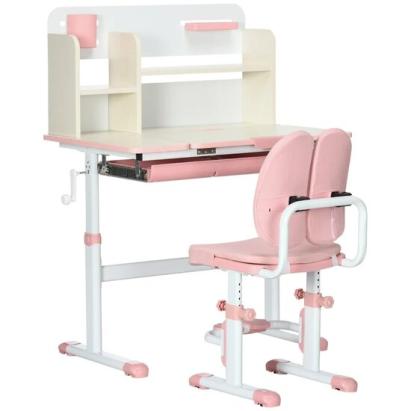 Birou cu scaun pentru copii 3-12 ani, inaltime reglabila, PP, MDF, otel, cu rafturi, roz GartenVIP DiyLine