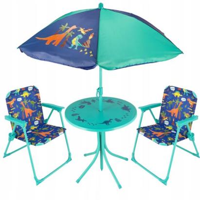 Set mobilier gradina/terasa pentru copii, pliabil, albastru, model dinozauri, 1 masa cu umbrela, 2 scaune, Ergos GartenVIP DiyLine