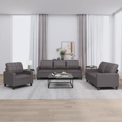 Set de canapele cu perne, 3 piese, gri, piele ecologică GartenMobel Dekor