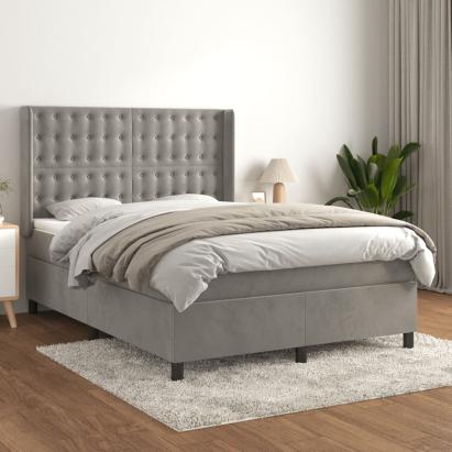 Pat box spring cu saltea, gri deschis, 140x200 cm, catifea GartenMobel Dekor