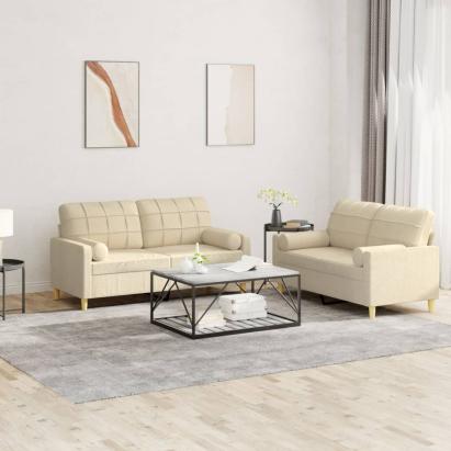 Set de canapele cu perne, 2 piese, crem, material textil GartenMobel Dekor