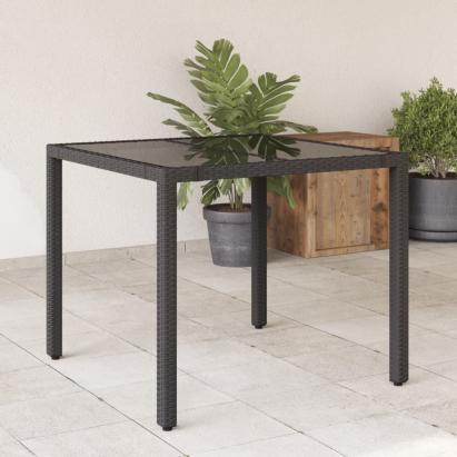 Masă grădină cu blat din sticlă, negru, 90x90x75 cm, poliratan GartenMobel Dekor
