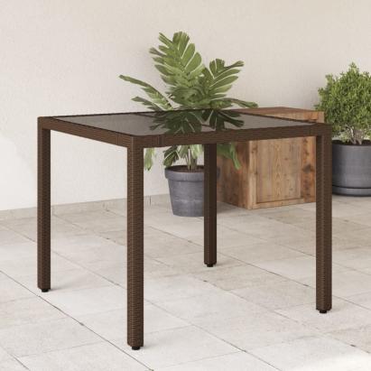 Masă de grădină cu blat din sticlă, maro, 90x90x75cm, poliratan GartenMobel Dekor