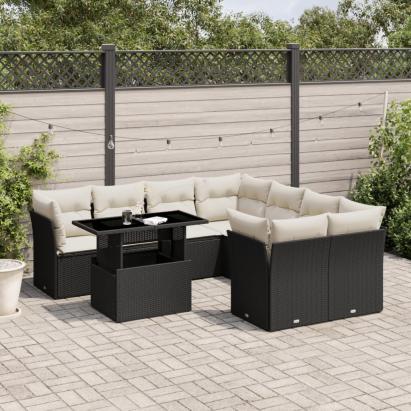 Set mobilier de grădină cu perne, 9 piese, negru, poliratan GartenMobel Dekor