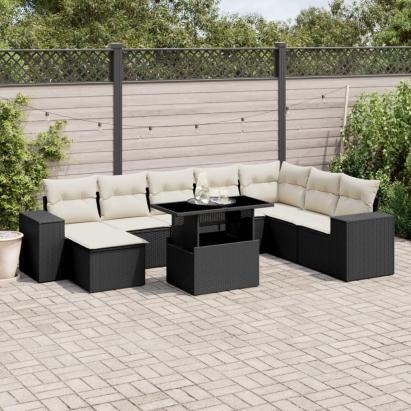 Set mobilier de grădină cu perne, 9 piese, negru, poliratan GartenMobel Dekor