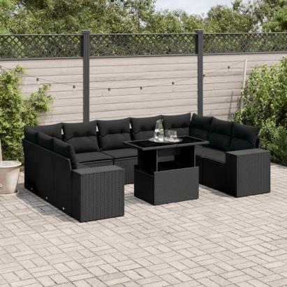 Set canapele de grădină cu perne, 10 piese, negru, poliratan GartenMobel Dekor