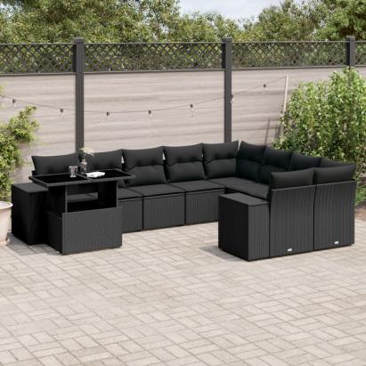 Set canapele de grădină cu perne, 10 piese, negru, poliratan GartenMobel Dekor