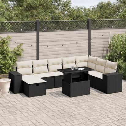 Set mobilier de grădină cu perne, 9 piese, negru, poliratan GartenMobel Dekor