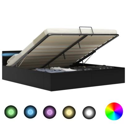 Cadru pat hidraulic cu ladă LED negru 160x200cm piele ecologică  GartenMobel Dekor