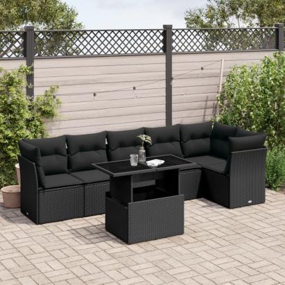 Set canapele de grădină cu perne, 7 piese, negru, poliratan GartenMobel Dekor
