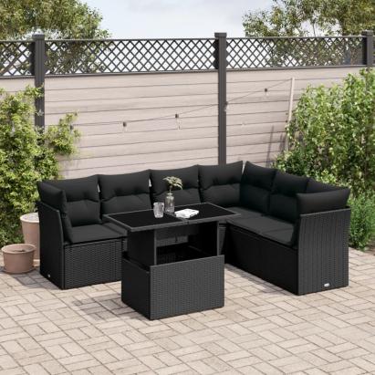 Set canapele de grădină cu perne, 7 piese, negru, poliratan GartenMobel Dekor