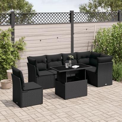 Set canapele de grădină cu perne, 7 piese, negru, poliratan GartenMobel Dekor