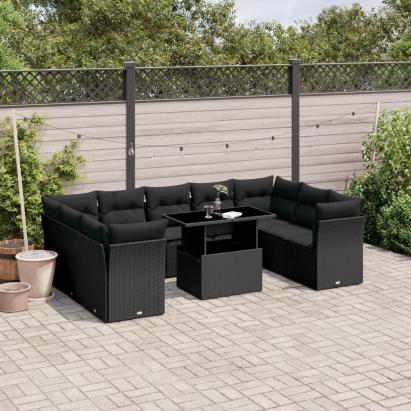 Set canapele de grădină cu perne, 10 piese, negru, poliratan GartenMobel Dekor