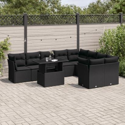Set canapele de grădină cu perne, 10 piese, negru, poliratan GartenMobel Dekor