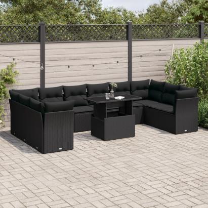 Set canapele de grădină cu perne, 11 piese, negru, poliratan GartenMobel Dekor