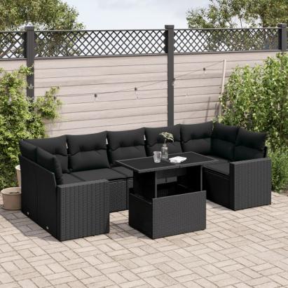 Set mobilier de grădină cu perne, 8 piese, negru, poliratan GartenMobel Dekor