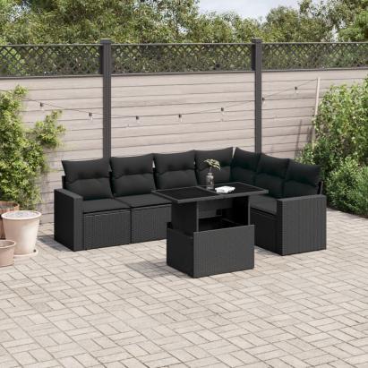 Set canapele de grădină cu perne, 7 piese, negru, poliratan GartenMobel Dekor