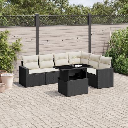 Set canapele de grădină cu perne, 7 piese, negru, poliratan GartenMobel Dekor