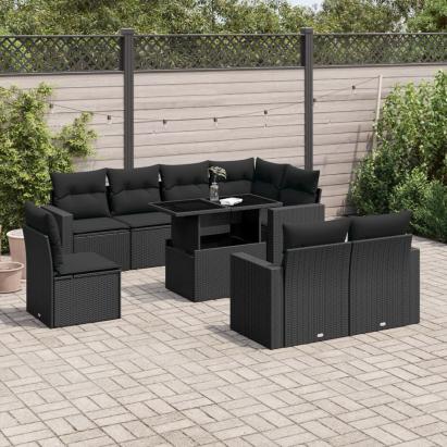 Set mobilier de grădină cu perne, 9 piese, negru, poliratan GartenMobel Dekor