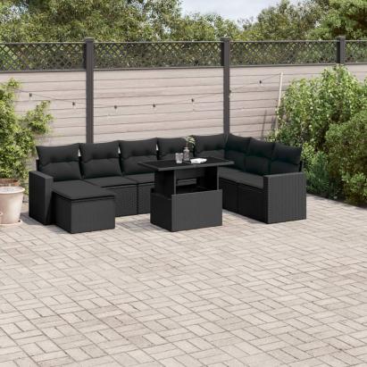 Set mobilier de grădină cu perne, 9 piese, negru, poliratan GartenMobel Dekor