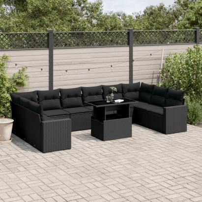 Set canapele de grădină cu perne, 11 piese, negru, poliratan GartenMobel Dekor
