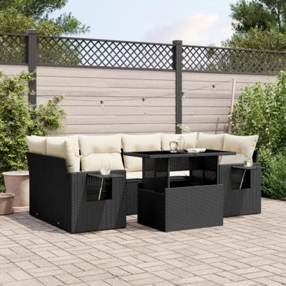 Set canapele de grădină cu perne, 7 piese, negru, poliratan GartenMobel Dekor