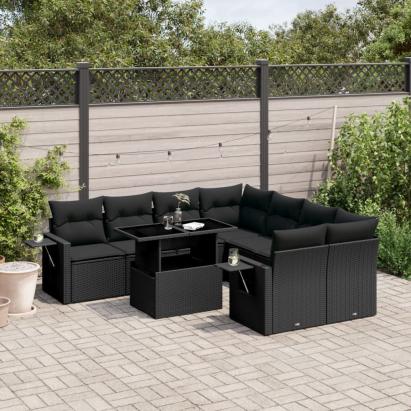 Set mobilier de grădină cu perne, 9 piese, negru, poliratan GartenMobel Dekor
