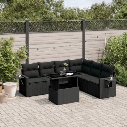 Set canapele de grădină cu perne, 7 piese, negru, poliratan GartenMobel Dekor