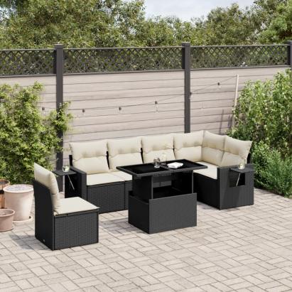 Set canapele de grădină cu perne, 7 piese, negru, poliratan GartenMobel Dekor