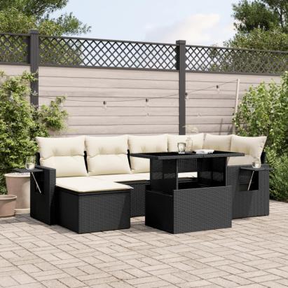 Set canapele de grădină cu perne, 7 piese, negru, poliratan GartenMobel Dekor