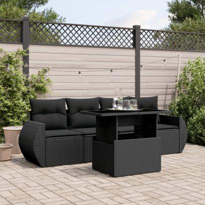 Set mobilier de grădină cu perne, 5 piese, negru, poliratan GartenMobel Dekor