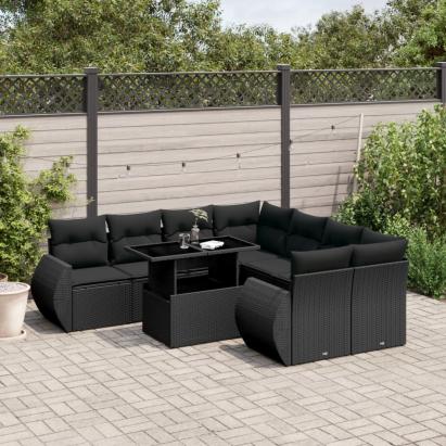 Set mobilier de grădină cu perne, 9 piese, negru, poliratan GartenMobel Dekor