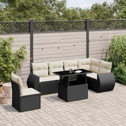 Set canapele de grădină cu perne, 7 piese, negru, poliratan GartenMobel Dekor