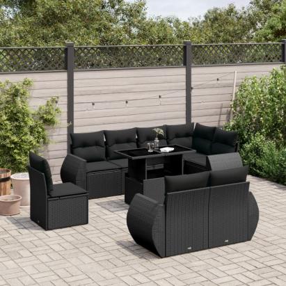 Set mobilier de grădină cu perne, 9 piese, negru, poliratan GartenMobel Dekor