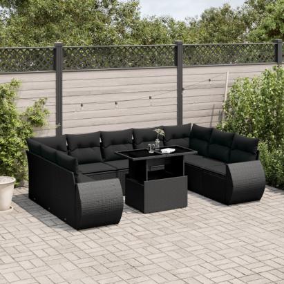 Set canapele de grădină cu perne, 10 piese, negru, poliratan GartenMobel Dekor