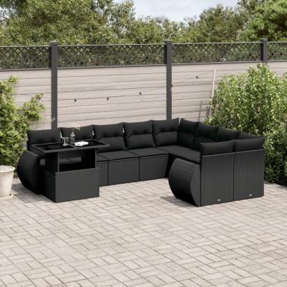 Set canapele de grădină cu perne, 10 piese, negru, poliratan GartenMobel Dekor