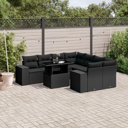 Set mobilier de grădină cu perne, 9 piese, negru, poliratan GartenMobel Dekor