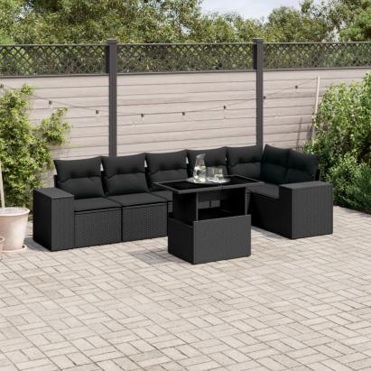 Set canapele de grădină cu perne, 7 piese, negru, poliratan GartenMobel Dekor